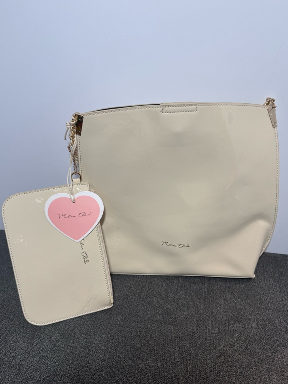 MILAN CHIVA Cream Patent Tote with Detachable Pouch